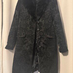 Massini Black Brocade Faux Fur Collar Long Coat – Size 8